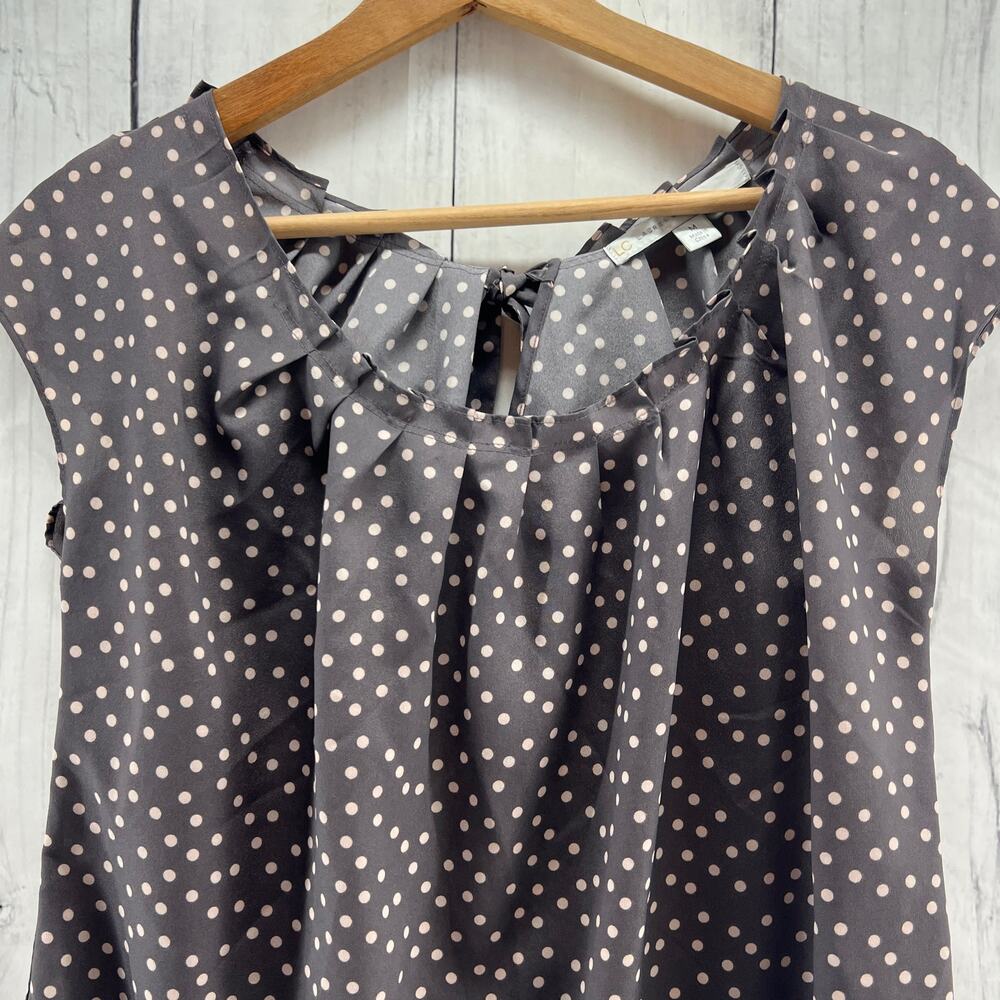LC Lauren Conrad MEDIUM Gray Brown Polka Dot Pleated Bow Chiffon Top Blouse - Picture 3 of 9